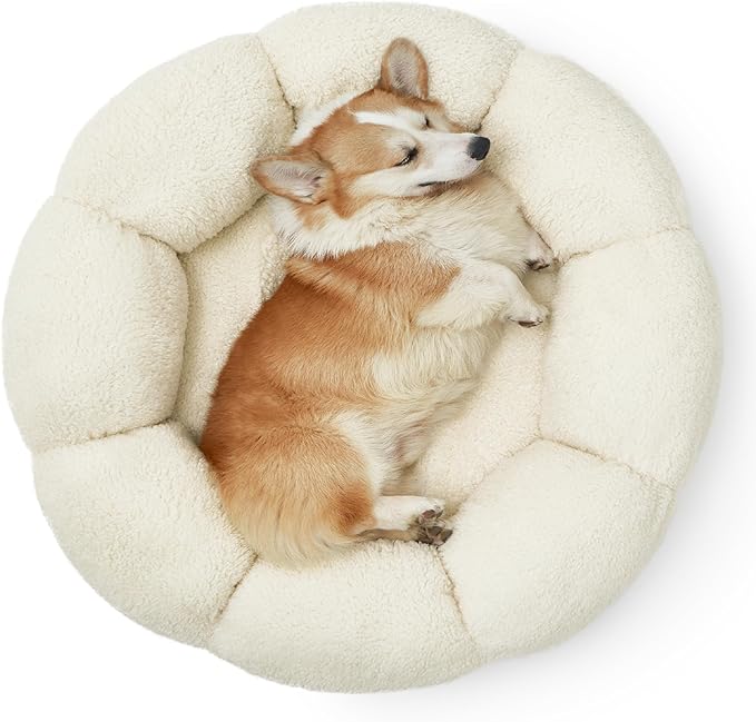 Lesure Calming Large Dog Bed - Flower Donut Round Fluffy Puppy Bed in Plush Teddy Sherpa, Non-Slip Cute Flower Dog Beds, Large Pet Bed Fits up to 100 lbs, Machine Washable, Cream 36"