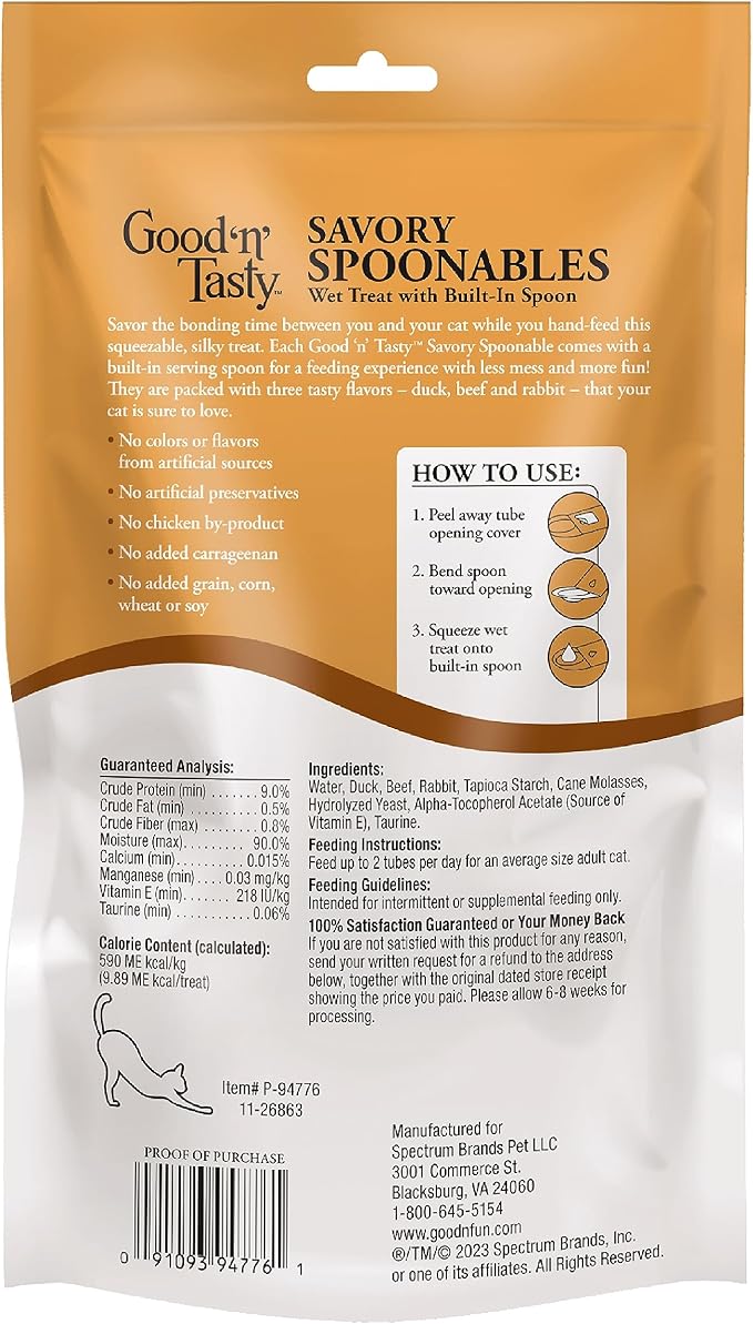 Good ‘n’ Tasty Savory Spoonables with Real Duck, Beef & Rabbit, 10 Count Tube, Triple Flavor Squeezable Lickable Wet Treats for Cats with Built-in Spoon for Less Mess