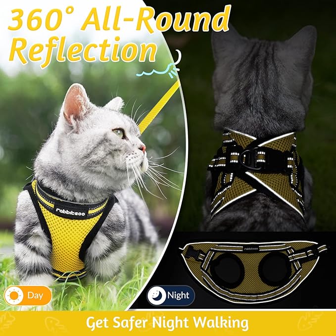 rabbitgoo Cat Harness and Leash Set for Walking Escape Proof, Adjustable Soft Kittens Vest with Reflective Strip for Cats, Comfortable Outdoor Vest, Bright Yellow, L