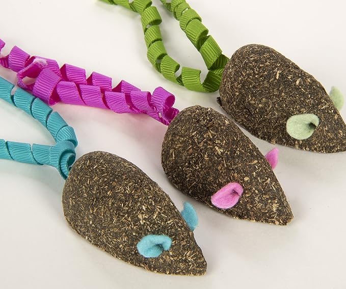 SmartyKat (3 Count) Magic Mice Compressed Catnip Ribbon Cat Toys - Green/Pink/Blue, 3 Count
