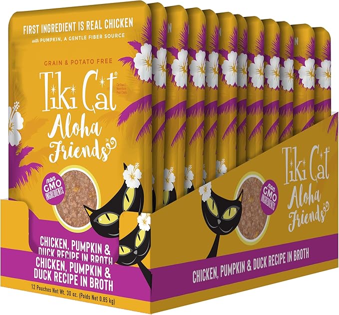 Tiki Cat Aloha Friends, Chicken, Pumpkin & Duck, Grain-Free & High Moisture, Wet Cat Food for All Life Stages 2.5 oz. Pouch (Pack of 12)