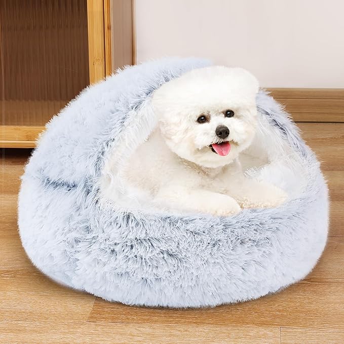 NOYAL Dog Bed Round Hooded Plush Cat Cave Donut Anti Anxiety Fluffy Dog Bed for Small Medium Dog and Cat