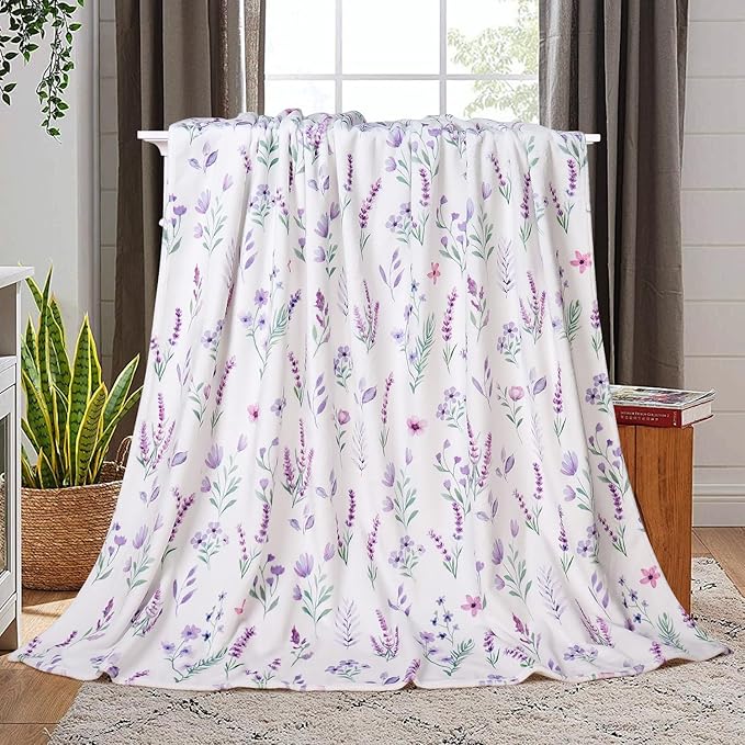 Purple Lavender Floral Throw Blanket Flower Botanical Throw Blankets Ultra Soft Cozy Flannel Throw Blanket Lightweight Fleece Fuzzy Plush Throw Blankets for Bed Chair Couch 60" X 80"