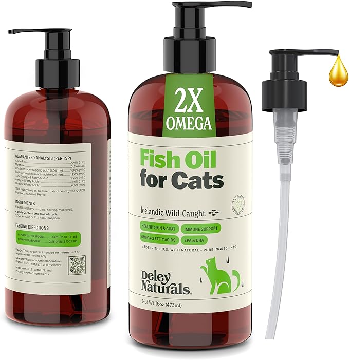 Deley Naturals Wild Caught Fish Oil for Cats with Omega 3 6 9 - Cat Fish Oil with Highest EPA & DHA Potency - Omega 3 for Cats to Reduce Shedding & Support Skin, Coat, Joints, Heart & Immune System