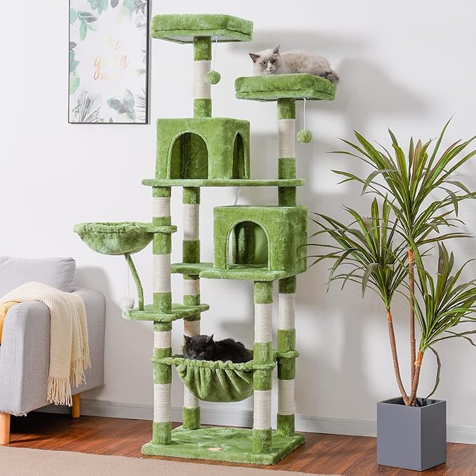 Heybly Cat Tree, 70 inches Tall Cat Tower condo with Toy for Indoor Large Cats, Cat House Furniture with Padded Plush Perch,Cozy Hammock and Sisal Scratching Posts,Green HCT032GR