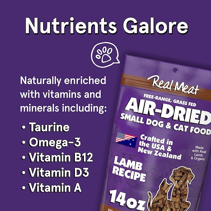 Real Meat Air Dried Cat Food & Dog Food w/Real Lamb - 14oz of USA-Crafted Grain-Free Dry Dog & Cat Food Sourced from Hormone-Free, Free-Range, Grass-Fed Lamb - All Natural, High Protein Pet Food