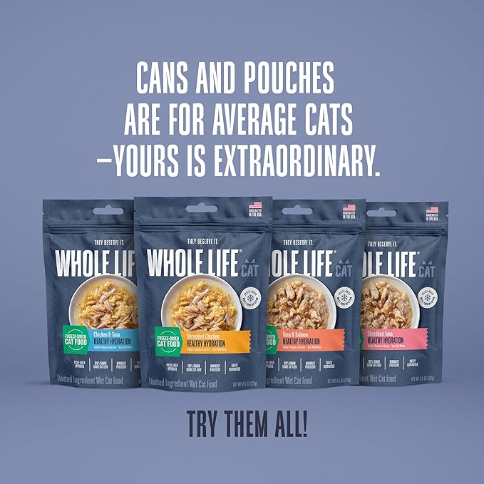 Whole Life Pet Freeze Dried Cat Food - Human-Grade Wet Cat Food Toppers & Complement, Natural Broth for Cats, Hydrating Snacks, Lickable Treats, Just Add Water – Shredded Chicken, 3 Oz