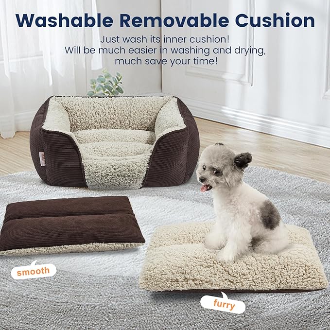 Miguel Washable Dog Bed with Removable Cushion for Small Dogs, Easy to Wash Pet Sofa Bed with Side, Rectangle Bolster Cat Bed Calming Cuddle Puppy Bed with Anti-Slip Bottom, Dark Brown 18 Inch