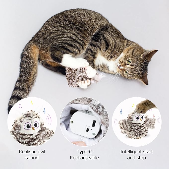 Interactive Flapping Wings Owl Cat Toys,Bird Sound Catnip Toys for Cats,Rechargeable 3 Vibration Modes Indoor cat Toy,for Prevent Boredom