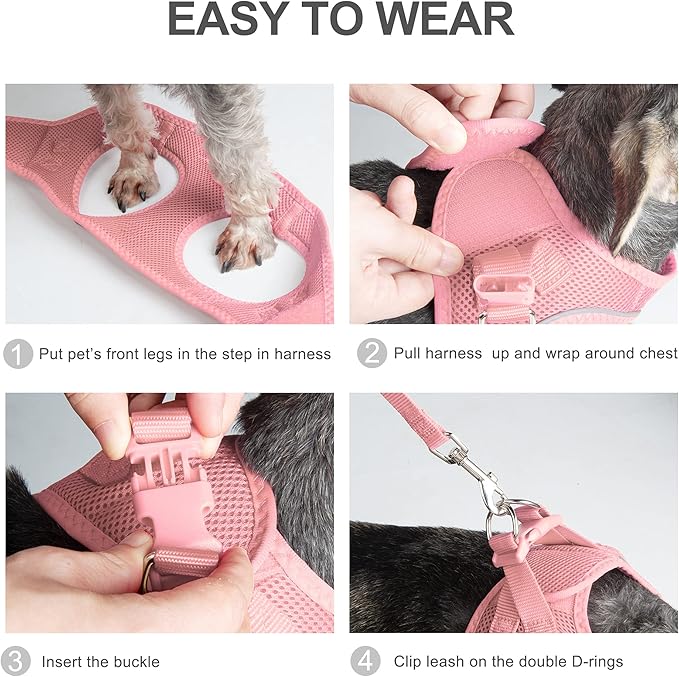 PetiFine Step in Small Dog Harness and Leash Set, Breathable All Weather Air Mesh Reflective Escape Proof, Step-in Vest Harnesses for Puppy(S, Pink)