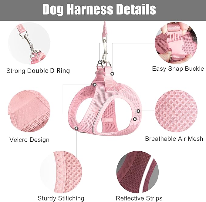 PetiFine Step in Small Dog Harness and Leash Set, Breathable All Weather Air Mesh Reflective Escape Proof, Step-in Vest Harnesses for Puppy(S, Pink)