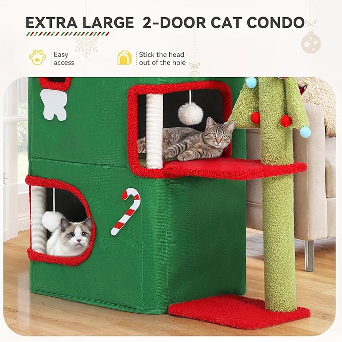 YITAHOME Christmas 2-Tier Cat House, Indoor Cat Cave Bed Playhouse, Covered Cat Beds & Furniture with Scratch Pad and Hideaway Cave,Christmas Cute Modern Cat Condo Furniture for Multi Small Cats