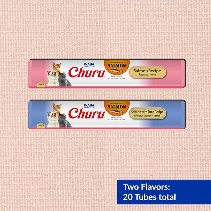 INABA Churu Cat Treats, Lickable, Squeezable Creamy Purée Cat Treat with Green Tea Extract & Taurine, 0.5 Ounces Each Tube, 20 Tubes, Salmon & Tuna Variety Box