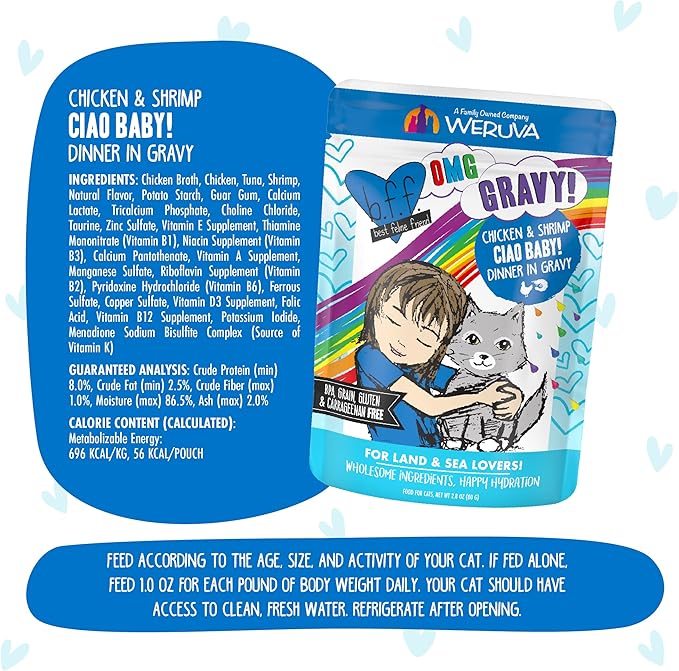 Weruva B.F.F. OMG - Best Feline Friend Oh My Gravy!, Ciao Baby! with Chicken & Shrimp in Gravy Cat Food, 2.8oz Pouch (Pack of 12)