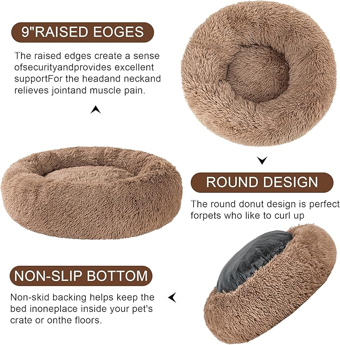 Dog Bed Calming Dog Beds for Small Medium Large Dogs - Round Donut Washable Puppy Dog Bed, Anti-Slip Faux Fur Fluffy Donut Cuddle Anxiety Cat Pet Bed(16'' Khaki