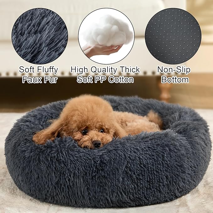 Dog Bed Calming Dog Beds for Small Medium Large Dogs - Round Donut Washable Puppy Dog Bed, Anti-Slip Faux Fur Fluffy Donut Cuddle Anxiety Cat Pet Bed(24" Dark Grey)