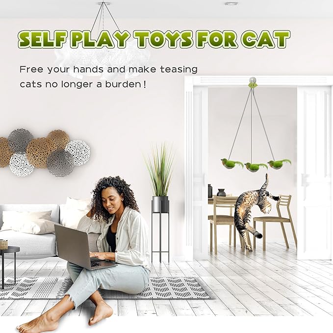LEWISER Cat Toys Chirp Chickadee, Interactive Cat Feather Toys, Retractable Cat Teaser Toy, Hanging Toys for Indoor Cats Exercise, Kitten Kitty Fun Mental Physical Toys, Green (1 Pack)