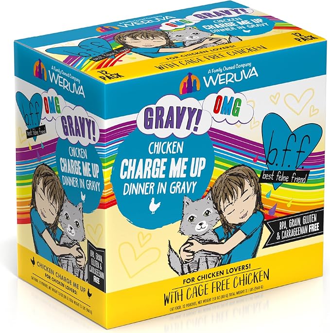 Weruva B.F.F. OMG - Best Feline Friend Oh My Gravy!, Chicken Charge Me Up with Chicken in Gravy, 2.8oz Pouch (Pack of 12)