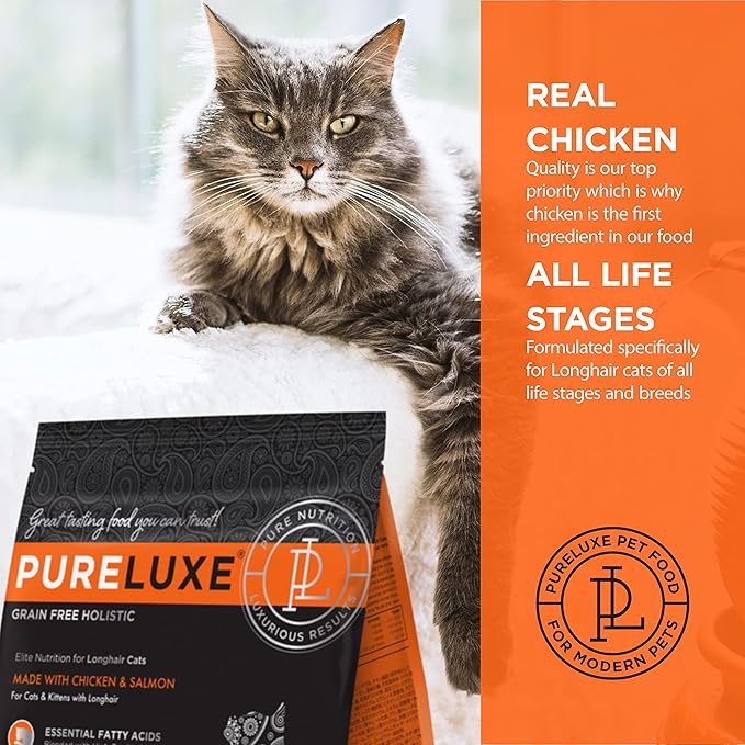 PURELUXE Grain and Gluten Free Cat Food, Long Hair Elite Nutrition, Chicken and Salmon, for Cats and Kittens with Longhair at All Life Stages and Breeds, Made in The USA, 11lbs
