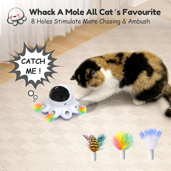 ORSDA 2-in-1 Cat Laser Toy, Automatic Cat Toys for Indoor Cats, Laser Interactive Cat Toy, 8 Holes Mice Whack A Mole Moving Feather, USB Rechargeable Electronic Kitten Toys