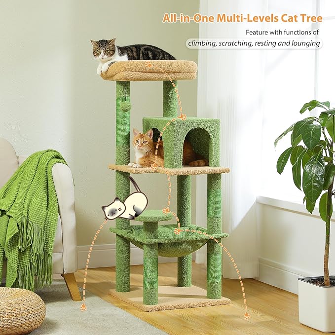 PETEPELA 45.7" Cat Tree for Indoor Cats, Cactus Cat Tower for Large Cats with Metal Frame Large Hammock (17.3"x15.3"), Cat Condo with (18.5"x13") Big Top Perch & 4 Sisal Covered Scratching Posts,Green