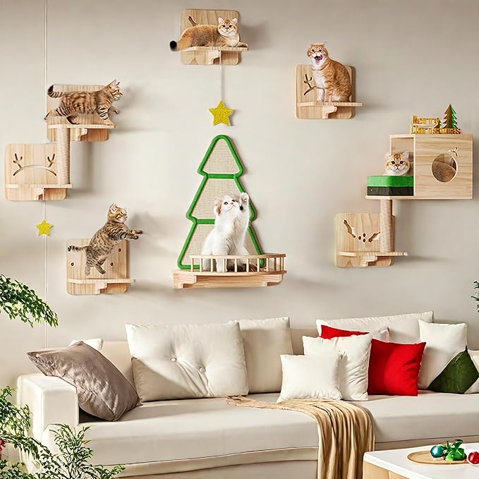 YITAHOME Christmas Solid Wood Cat Wall Shelves and Perches for Wall, Pine Wall Mounted Cat Tree 13 Piece Set, Cat Climbing Shelves with House, Mat, Christmas Tree Scratcher, Feeding Bowl for Cats