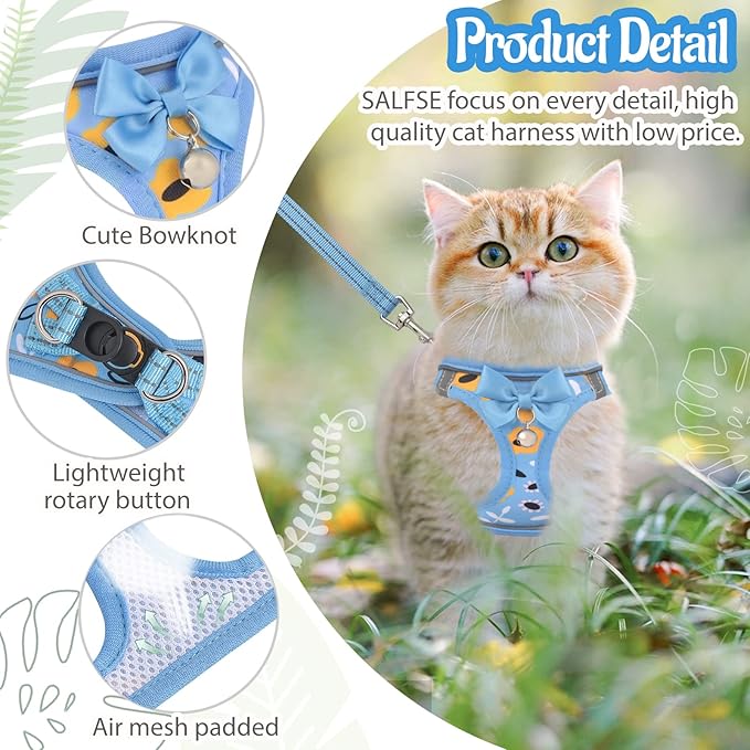 Cat Harness and Leash Escape Proof for Walking, Adjustable Soft Kitten Harness with Reflective Straps Step in Cat Vest Harness for Small Kitten and XS Dogs (Blue, XXS-Chest(8.7"-10.2"))