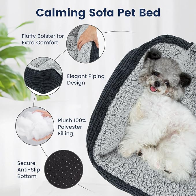 Miguel Washable Dog Bed with Removable Cushion for Small Dogs, Easy to Wash Pet Sofa Bed with Side, Rectangle Bolster Cat Bed Calming Cuddle Puppy Bed with Anti-Slip Bottom, Black 18 Inch