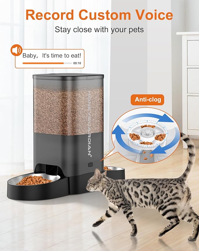 HoneyGuaridan 5L Automatic Cat Feeder for Two Cats, 2.4G WiFi Enabled Smart Feed Pet Feeder with Stainless Steel Bowl,APP Control Dispenser, Dual Power Supply,Desiccant Bag,10s Meal Call