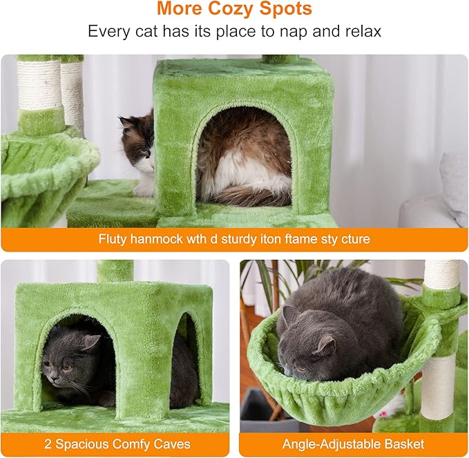 Heybly Cat Tree, 70 inches Tall Cat Tower condo with Toy for Indoor Large Cats, Cat House Furniture with Padded Plush Perch,Cozy Hammock and Sisal Scratching Posts,Green HCT032GR