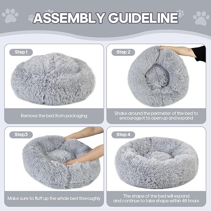 Calming Round Cute Cat & Dog Bed, Anti-Slip Washable Cozy Soft Round Pet Bed, Fluffy Faux Fur Plush Dog Cuddler Bed Fits up to 5 lbs Dogs and Cats(Donut Light Grey, 16inch x 16inch)