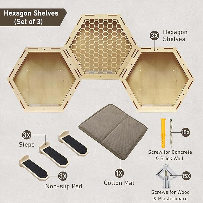 Cat Shelves Hammock for Wall Climbing and Cat Bed,Cat Wall Furniture Set with 3 Scratching Steps and Washable Bed Mat,Cat Shelf for Wall-23.7x10.7x7.5 inches