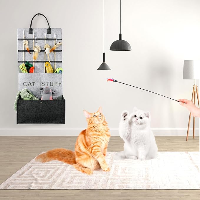 MABOZOO Cat Toy Storage Organizer for Wand Toys,Durable Pet Storage Box with Handle Cat Feather Toy Storage Hanging Bag for Neatly Organizing Teaser Wand Toys(Dark Grey)