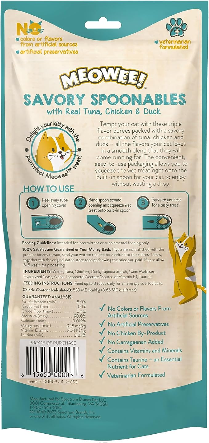 Savory Spoonables with Real Tuna, Chicken & Duck, 4 Count Tube, Triple Flavor Squeezable Lickable Wet Treats for Cats with Built-in Spoon for Less Mess