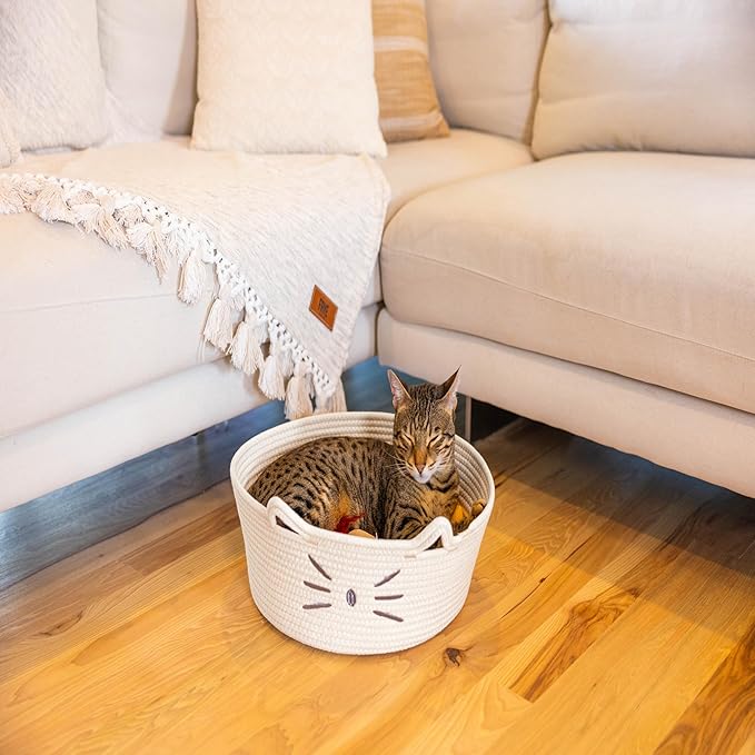 Catstages Bed & Basket Retreat 2-in-1 Cat Bed with Removable Cushion, Plush, Cotton Rope, White