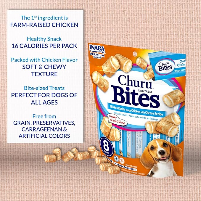 INABA Churu Bites Dog Treat, Grain-Free, Baked Chicken Filled with Churu, Chicken Recipe Wraps Chicken Recipe & Cheese Recipe 20 Pack Variety