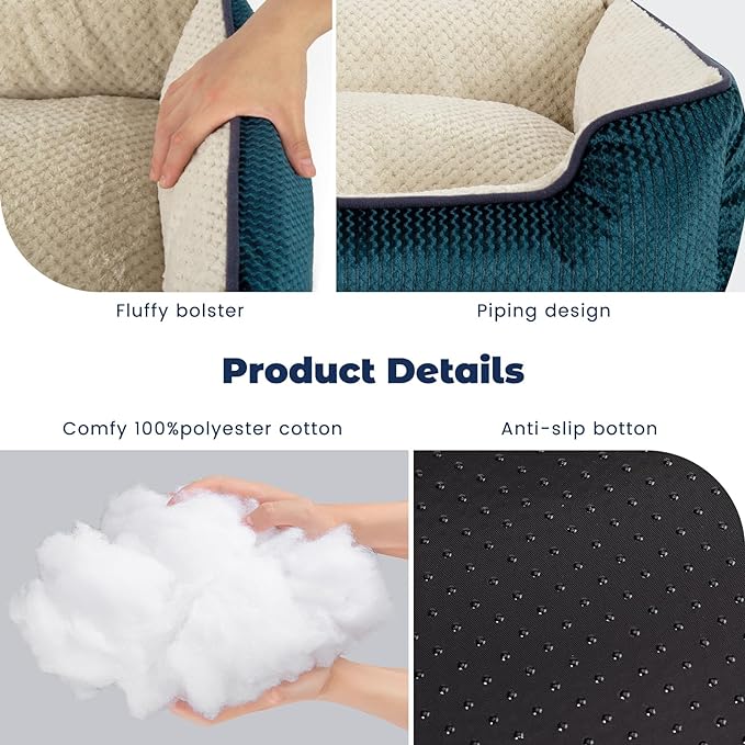 Miguel Small Dog Bed Washable Removable Cover, Cat Bed for Indoor Cats Square, Cuddle Rectangle Pet Bed with Side Soft Bolster Puppy Bed Kitten Bed with Wall Slip-Resistant Bottom, Blue 20 Inch
