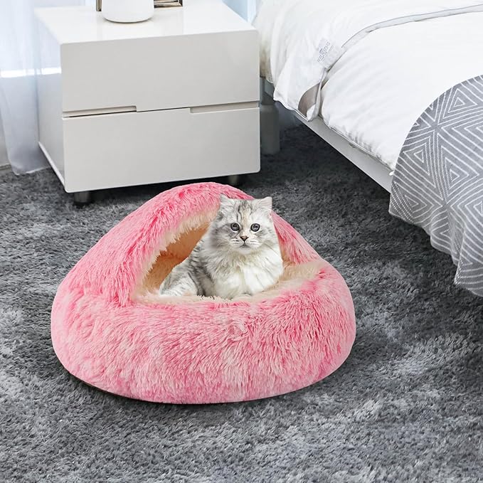 Round Hooded Cat Bed & Dog Bed with Cover Cave, Dog Bed for Small Dogs, Faux Fur Cuddler Round Coved Cat Bed Self Warming Donut Dog Bed Fits up to 5 lbs Pets (Pink, 16inch x 16inch)