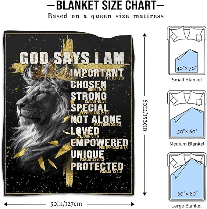 Christian Gifts for Men, God Says i Am Lion Blanket 50"x60", Inspirational Religious Birthday Gifts for Lion and cross Blanket, Christian Faith Jesus God Prayer Bible Verse Gift for Christmas