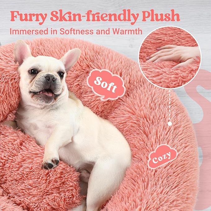 rabbitgoo Dog Bed for Small Dogs, 24 inches Washable Small Dog Bed, Fluffy Donut Dog Bed Anti-Slip, Calming Soft Plush Round Pet Bed for Dogs, Fits up to 18 lbs Pets, Pink