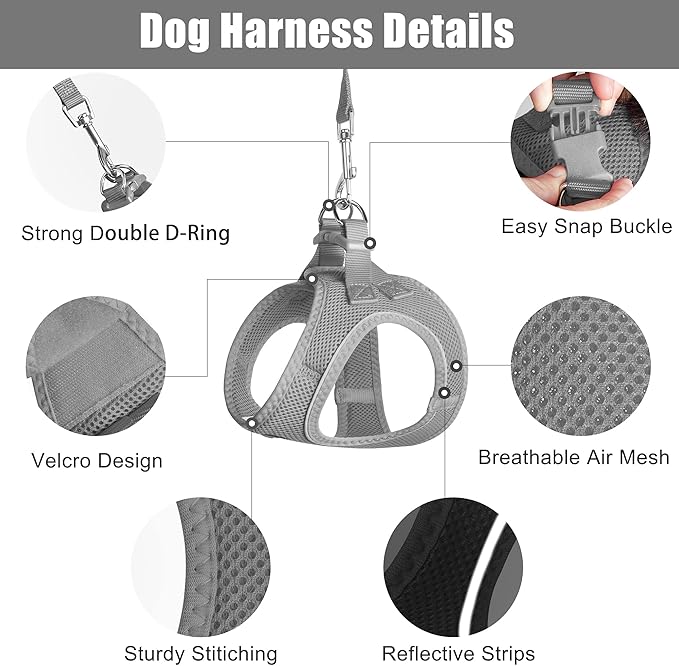 PetiFine Step in Small Dog Harness and Leash Set, Breathable All Weather Air Mesh Reflective Escape Proof, Step-in Vest Harnesses for Puppy(XS, Grey)