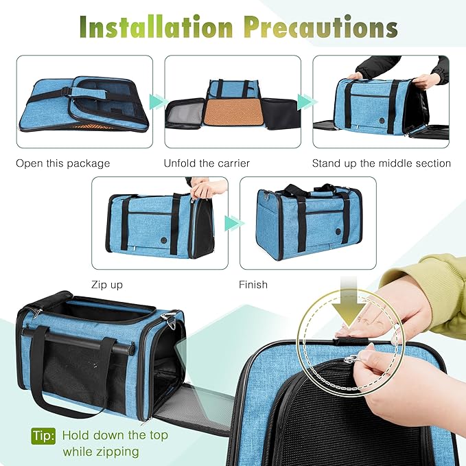 YUDODO 25 lbs Lightproof Pet Carriers Airline Approved Dog Cat Travel Soft Sided Carrier Reflective Mesh Safe Pet Cat Carrier Foldable Portable Small Animal Rabbit Puppy Cat Carrier (Large, Lake blue)