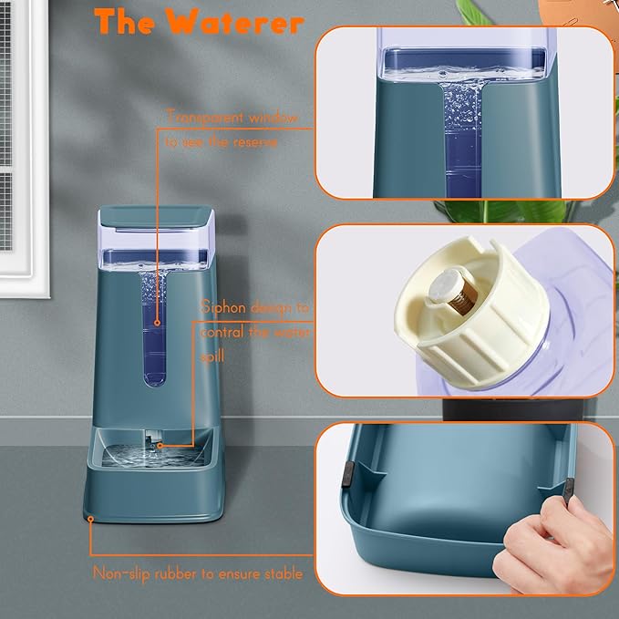 2 Packs Automatic Cat Feeder and Waterer, Gravity Dog Food and Water Dispenser Set for Small Medium Big Pets Cats Dogs Puppy Kitten, 1 Gallon x 2