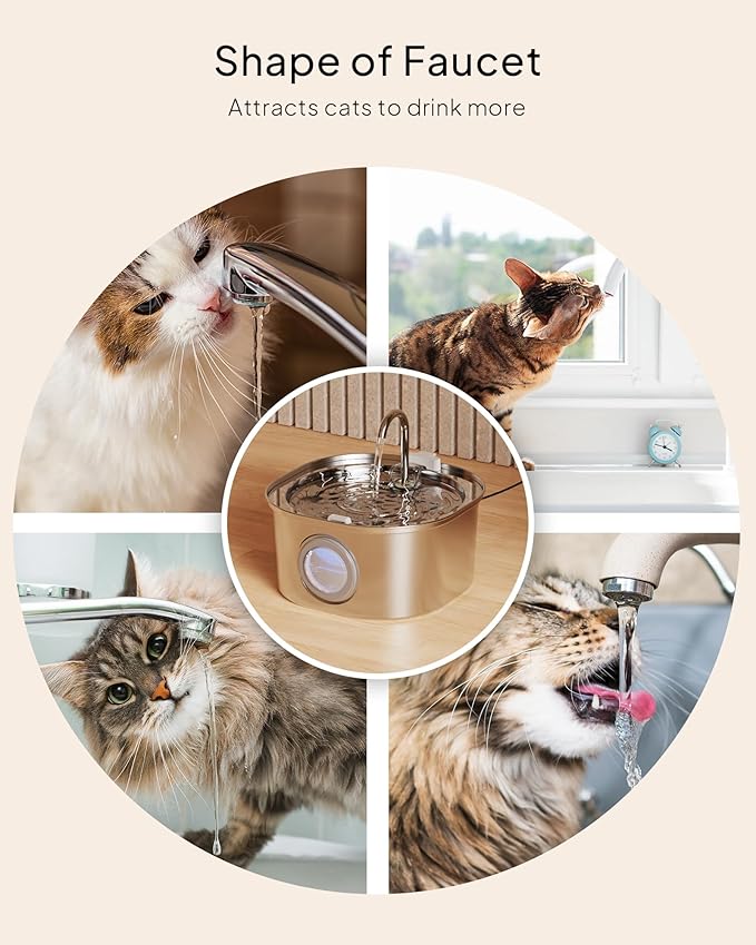 Cat Water Fountain, Pet Water Fountain for Cats/Dogs Indoor, Stainless Steel Cat Drinking Fountains with Water Level Window and 3 Filters + 3 Sponges(3.2L/108oz)