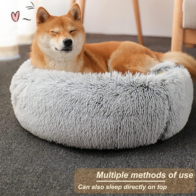Small Dog Bed, Donut Cuddler Nest Warm Soft Plush Faux Fur Washable Dog Bed with Non-Slip Bottom for Medium Small Dogs Snooze Sleeping Indoor (65cm/25in)