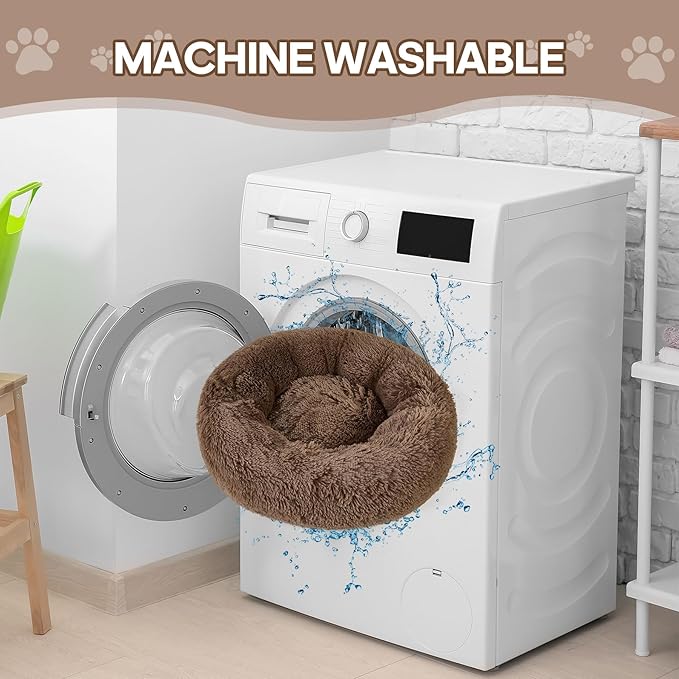 Calming Round Cute Cat & Dog Bed, Anti-Slip Washable Cozy Soft Round Pet Bed, Fluffy Faux Fur Plush Dog Cuddler Bed Fits up to 5 lbs Dogs and Cats(Donut Khaki, 16inch x 16inch)