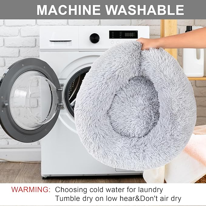 Dog Bed Calming Dog Beds for Small Medium Dogs - Round Donut Washable Dog Bed, Anti-Slip Faux Fur Fluffy Donut Cuddler Anxiety Cat Bed(Light Grey 16")