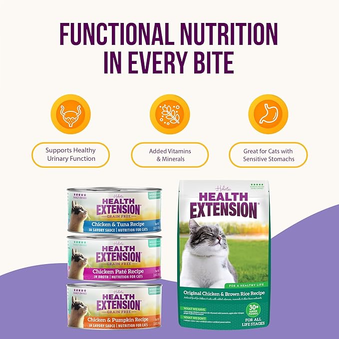Health Extension Bundle - Wet Cat Food Canned Chicken & Pumpkin, Chicken & Tuna, Chicken Pate (2.8oz Each) and Dry Cat Food Chicken & Brown Rice Recipe (15 lbs) - Complete Nutrition for Cats