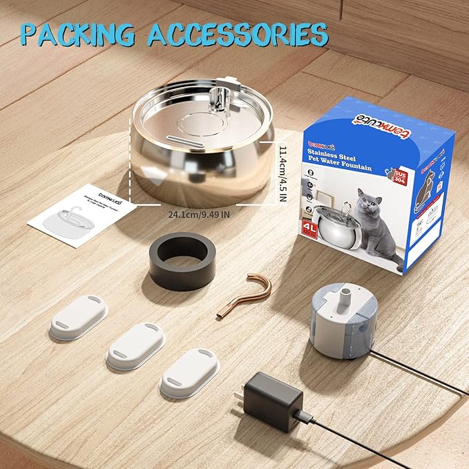 Tomxcute Cat Water Fountain - 4.0L/135oz Gooseneck Copper Faucet Design Cat Fountain for Drinking - Large Capacity Stainless Steel Cat Water Fountain - Comes with 3 Replacement Filters