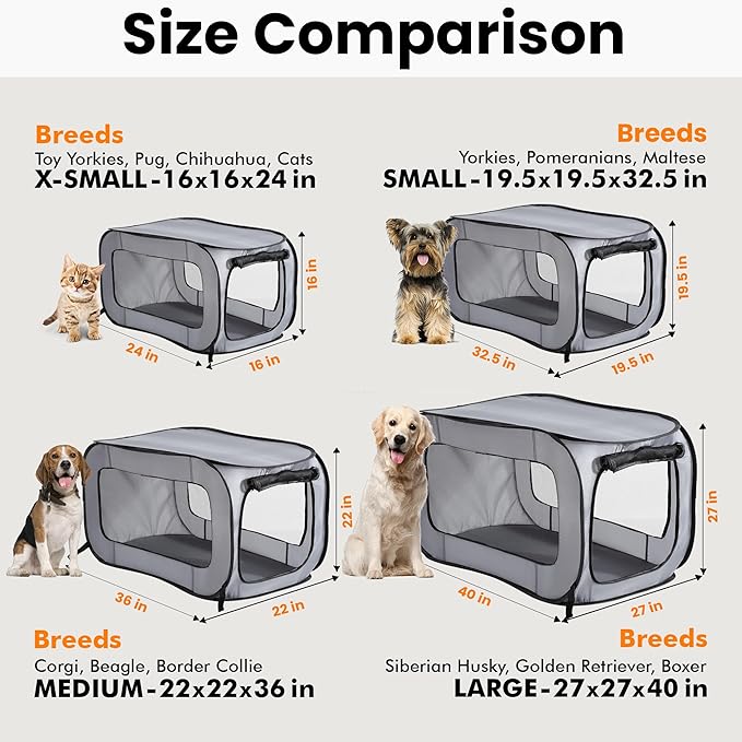 Beatrice Home Fashions Portable, Collapsible, Pop Up Kennel Travel Cat and Dog Crate, 24" L x 16.6" W x 16" H, Gray